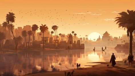 People outside the African cities' walls tend to their everyday tasks to make sure they are settled for the day. African City Concept Art, African Kingdom Concept Art, Desert Volcano, Black Palace, African City, African Cities, Beauty Goddess, African Landscape, Illustration Landscape