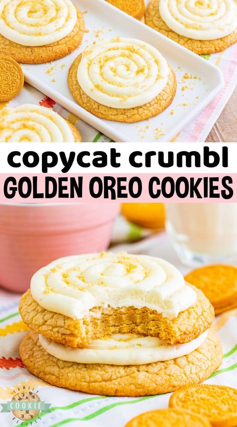 COPYCAT CRUMBL GOLDEN OREO COOKIES - Family Cookie Recipes Crumbl Cookie Copycat Nutter Butter, Golden Oreo Crumbl Cookie, Crumbl Golden Oreo Cookies, Fall Crumble Cookie Copycat Recipe, Copycat Oreo Cookies, Crumbl Inspired Cookies, Crumbl Cookie Recipe Copycat, Crumble Copycat Cookies, Crumble Cookie Copycat Recipe