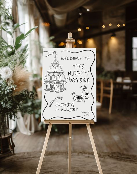 Rehearsal Dinner Sign Template Welcome your guests with a handwritten touch with this rehearsal dinner welcome sign template. This welcome to the night before wedding sign with its hand drawn design matches any wavy wedding rehearsal decor, whimsical wedding decor, or Italian wedding! ⸻ This is a DIGITAL DOWNLOAD editable template - no physical products will be shipped. After purchase, an email with a link to your template will be sent to you within minutes. You'll edit using Templett's online app in your web browser. ⸻ ✨ FREE DEMO - TRY BEFORE YOU BUY ✨ Copy and paste the link below into your browser: https://templett.com/design/demo/bellabooprintables/28177228,28177244 ⸻ WHAT'S INCLUDED * 18" x 24" Rehearsal Dinner Sign Template * A2 - 420mm x 594mm Rehearsal Dinner Sign Template ⸻ MATCH Rehearsal Dinner All White, Rehersal Dinner Tables, Rehearsal Dinner Venue Ideas, Wedding Small Touches, At Home Rehearsal Dinner Ideas, Romantic Wedding Welcome Sign, At Home Rehearsal Dinner, Welcome Party Wedding Ideas, Dinner Rehearsal Ideas