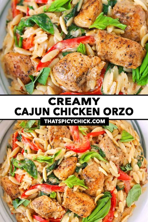 This Creamy Cajun Chicken Orzo is easy to make in 30 minutes and incredibly flavorful and satisfying! Tender Cajun seasoned chicken pieces, bell pepper, orzo, spinach and fresh basil come together in a beautifully seasoned lightened-up creamy garlic sauce! #orzo #cajunchicken #pasta #weeknight #easyrecipes #skillet #dinner #easydinner #onepandinner #onepotmeal #creamycajunsauce #maindish #highproteinmeals | That Spicy Chick Orzo Recipes With Chicken, Cajun Chicken Orzo, Cajun Pasta Sauce, Orzo Spinach, Creamy Cajun Chicken, Orzo Dishes, Healthy Party Food, Creamy Lemon Chicken, Cajun Pasta