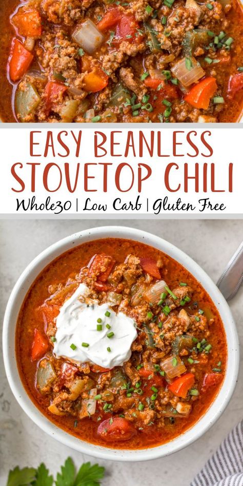 This beanless chili recipe is a quick and easy stovetop meal that cooks in just 30 minutes! It's Whole30, paleo, low carb and gluten-free, so it's a no bean chili that everyone can enjoy! Made with hearty vegetables like tomatoes, peppers, onions and mushrooms it's super filling without beans and makes delicious leftovers for meal prep or freezing. #beanlesschili #whole30chili #stovetopchili #ketochili #lowcarbchili Best Beanless Chili Recipe Award Winning, Whole 30 Chili Recipe, Protein Chili Recipe, Low Calorie Chili, Beanless Chili Recipe, Gluten Free Chili Recipe, Paleo Chili Recipe, Beanless Chili, Chili Recipe Stovetop