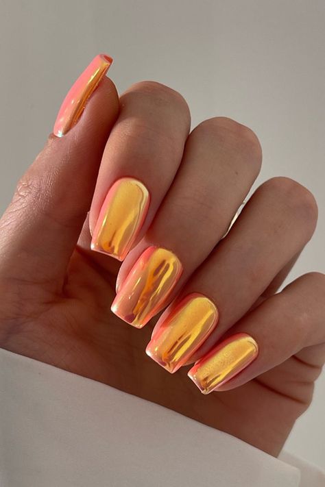 The Cutest Chrome Nails Ideas to Inspire Your Next Manicure | Stylish Belles Check more at https://mangadexx.com/the-cutest-chrome-nails-ideas-to-inspire-your-next-manicure-stylish-belles/ Orange Chrome Nails, Nails Dnd, Nail Design Gold, Hearts Nails, Orange Chrome, Sparkle Nail Designs, Pride Nails, Gold Chrome Nails, Bright Nail Designs