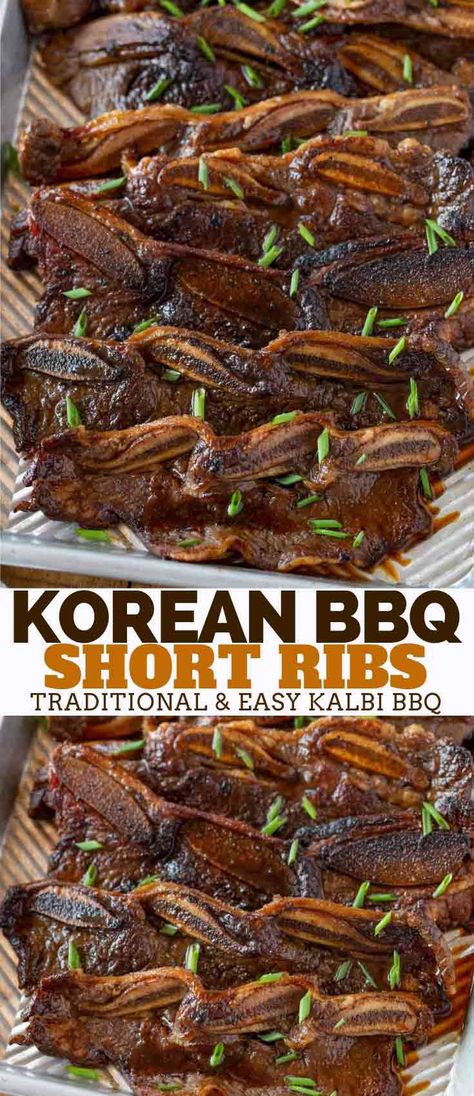 Korean Kalbi BBQ Short Ribs are incredibly flavorful and sweet, made from flanken short ribs marinated all day long in a soy garlic marinade with grated pears and grilled to perfection! #marinade #shortribs #korean #asian #takeout #beef #dinner #cooking #dinnerthendessert Shortribs Korean, Flanken Short Ribs, Flanken Short Ribs Recipe, Ribs Marinade Recipe, Short Rib Recipes Oven, Korean Bbq Ribs, Korean Bbq Short Ribs, Bacon Board, Kalbi Ribs