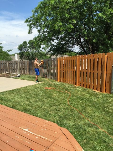 How to stain a fence: This post details what steps and materials we took and used to transform the look and condition of our wood fence. We did pressure washing, spray painting, painting, and more. The project was inexpensive, easy, and dramatic in effect. Anyone could do it! Click here to read more and get started on your fence! How To Stain Old Wood Fence, Spray Stain Fence, Staining Wood Fence, Fence Staining, Post And Rail Fence, Wood Staining, Diy Backyard Fence, Outdoor Improvements, Fence Gate Design