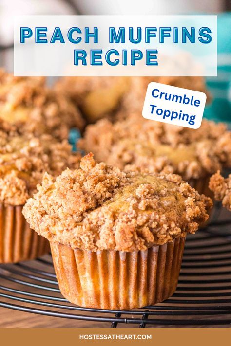 Bursting with fresh juicy peaches, our easy Peach Muffins recipe is soft and tender with a crunch of warm cinnamon crumble topping. Peach Protein Muffins, Peach Muffins With Crumb Topping, Peach Muffins Easy, Fresh Peach Muffins, Peach Recipes Breakfast, Peach Oatmeal Muffins, Peach Muffins Recipe, Peach Crunch, Breakfast Peach