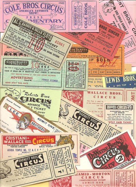 circus tickets Carnival Tickets Aesthetic, Vintage Circus Ticket, Circus Graphic Design, Vintage Fairground, Circus Ticket, Circus Tickets, Carnival Tickets, Circus Toy, Circus Crafts