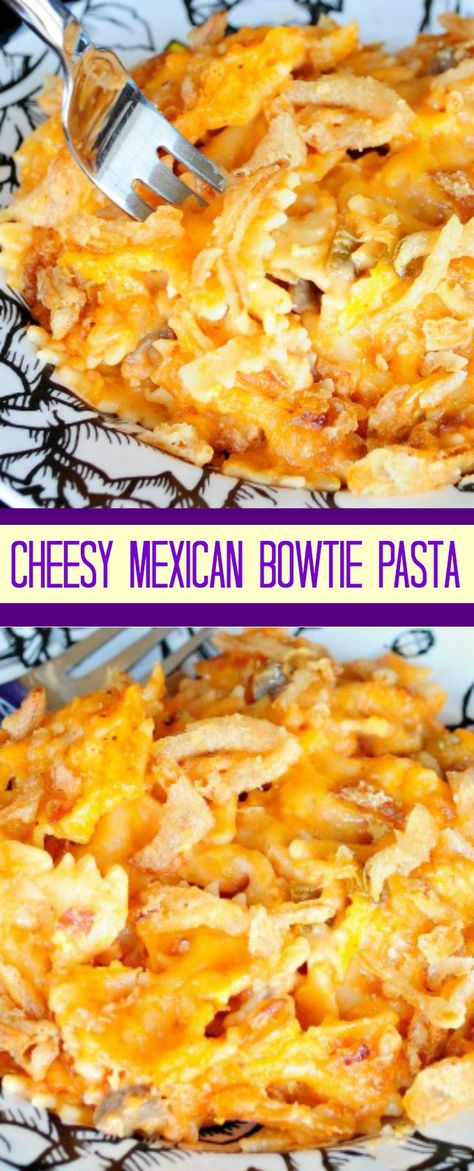 Cheesy Mexican Bowtie Pasta - Great quick and easy family dinner idea! Perfect for busy weeknights! Instapot Bowtie Pasta, Pasta Recipes For Dinner, Meatless Pasta Recipes, Pasta Recipes Easy, Bow Tie Pasta Recipe, Veggie Pasta Recipes, Meatless Pasta, Bowtie Pasta Salad, Fall Pasta