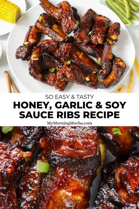 Here's how to make tender boiled and baked ribs that's coated in a honey, soy sauce and garlic glaze. It tastes so good and it's so easy. Alex Guarnaschelli Garlic And Soy Sticky Ribs, Honey Garlic Sauce For Ribs, Honey Garlic Rib Sauce, Hot Honey Ribs, Honey Glazed Ribs, Rib Sauce Recipe Easy, Honey Garlic Ribs Oven, Honey Garlic Spare Ribs, Garlic Ribs