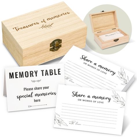 PRICES MAY VARY. CAPTURE MEANINGFUL MOMENTS: Elevate special occasions like funerals, weddings, graduations, and more with our elegant wooden memory cards for memorial. Provide a heartwarming way to gather and hold onto the heartfelt memories shared during these significant life events. SET INCLUDES: Each package features a sturdy wooden Share A Memory box accompanied by 50 pcs 3.1x4.7" beautifully designed wedding, graduation, funeral memorial cards, providing a heartfelt platform for guests to Funeral After Party, Memory Board For Funeral, Funeral Picture Display Ideas Memory Boards, Cricut Memorial Gifts, Memorial Favors Funeral, Funeral Activities, Celebration Of Life Memorial Decor Ideas, Memorial Decorations Funeral, Memorial Cards Celebration Of Life