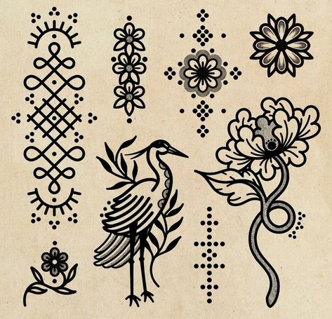 Traditional Danish Tattoo, Folk Tattoo Scandinavian, German Folk Art Tattoo, Japanese Ornamental Tattoo, 70s Tattoo Vintage, Nordic Folk Art Tattoo, Folk Traditional Tattoo, Traditional Polish Tattoo, Traditional Ornamental Tattoo