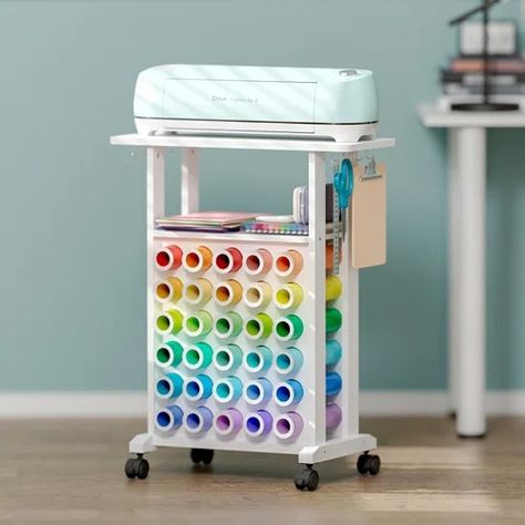 Ackitry Craft Sewing Table with Machine Platform and 30 Vinyl Roll Holders - Wayfair Canada Craft Storage Cart, Vinyl Roll, Vinyl Rolls, Storage Cart, Craft Sewing, Sewing Table, Craft Storage, X 23, Cricut