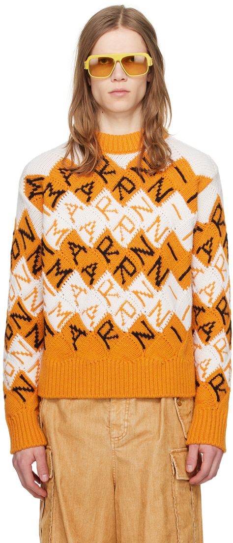 Knit virgin wool- and alpaca-blend sweater. · Jacquard check and logo pattern throughout · Rib knit crewneck, hem, and cuffs Supplier color: Light orange Yarn Hanging, Argyle Pattern, Jacquard Sweater, Knitwear Men, Jacquard Knit, Knit Crewneck, Sweaters Knitwear, Knit Shirt, Knit Set