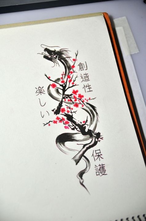 Plum Blossom Tattoo, Dragon Tattoo Sketch, Mujeres Tattoo, Sakura Tattoo, Dragon Tattoo Art, Black Art Tattoo, Samurai Tattoo Design, Tattoo Graphic, Zodiac Tattoos