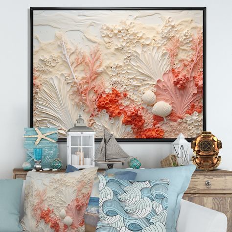 This beautiful "Pink And White Coastal Coral Collage V" Framed Canvas Art is printed using the highest quality fade resistant ink on canvas. Every one of our Animals Framed Wall art is printed on premium quality cotton canvas. Colorful Coastal, Coastal Style Decorating, Ocean Wall Decor, Coral Decor, Acrylic Wall Decor, Coastal Grandma, Beach Crafts, Coastal Wall Art, Shell Art