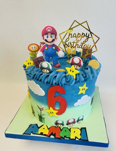 Buttercream frosted Super Mario theme children's birthday cake Buttercream Mario Bros Cake, Super Mario Theme, Luca Birthday, Mario Birthday Cake, Mario Bros Cake, Mario Theme, Super Mario Cake, Buttercream Cake Designs, 7 Birthday