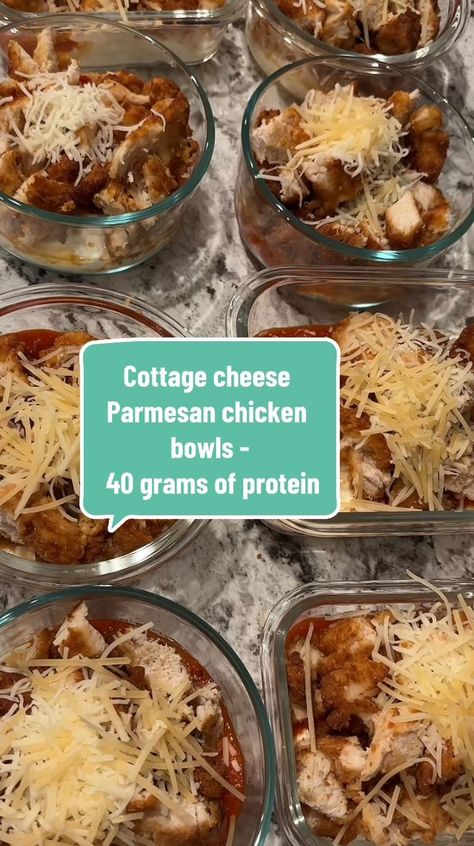 Part one Cottage cheese Parmesan chicken bowls - 40 grams of protein #proteinbowls #cottagecheese #lowcalorie #highprotein #FoodTok… | Instagram Cottage Cheese Protein Meals, Chicken Parm Protein Bowl, Gastric Bypass Dinner Ideas, Cottage Cheese Parmesan Chicken, Chicken Parmesan Meal Prep, Shredded Chicken Cottage Cheese, High Protein Meal Prep Cottage Cheese, High Protein Chicken Parm Bowl, Quick Lunch Ideas At Home Healthy