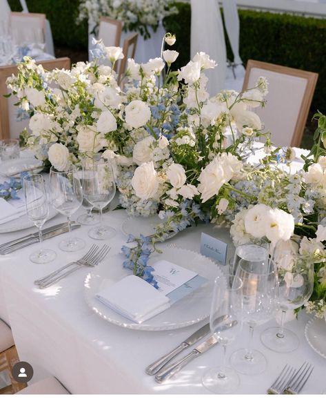 Spring Wedding Navy Blue Color Schemes, Baby’s Breathe On Table, European Wedding Table Setting, Wedding Reception Mixed Tables, Blue And White Wedding Colour Palette, Simple Wedding Decor Table, Grand Millennial Tablescape, Greyish Blue Wedding Theme, French Country Blue Wedding