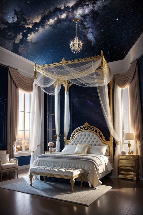 Sunflower Headboard, Modern Bedroom Interior Luxury, Celestial Room Aesthetic, Shifting Room, Bedroom Galaxy, Fantasy Bedrooms, Galaxy Ceiling, Celestial Bedroom, Drapes Bedroom