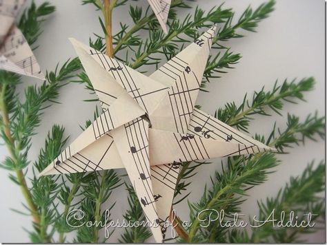 CONFESSIONS OF A PLATE ADDICT Sheet Music Origami Stars Sheet Music Ornaments, Music Christmas Ornaments, Music Candle, Sheet Music Crafts, French Accent, Music Ornaments, Christmas Sheet Music, Old Sheet Music, Shabby Christmas