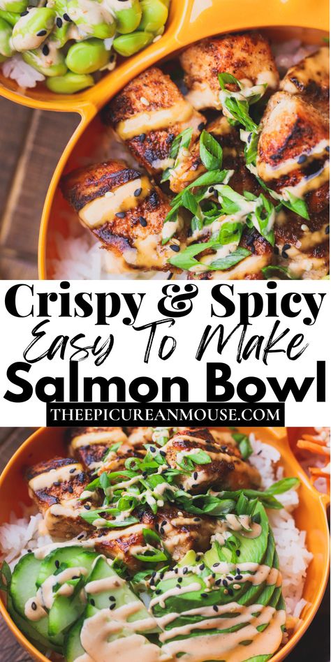 Spicy Mayo Bowl, Crunchy Salmon Bowl, Salmon Sushi Bowl Tik Tok, Macro Friendly Salmon Bowl, Crispy Spicy Salmon Bowls, Salmon Burger Bowl Recipe, Spicy Salmon Rice Bowl Recipes, Spicy Salmon Bowl Air Fryer, Salmon Sticky Rice Bowl