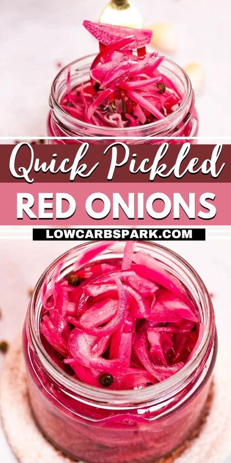 Quick Pickled Red Onions - crunchy, tangy, and ready in 30 minutes with just 5 ingredients! Perfect for burgers, salads, tacos, and more. So easy to make and lasts a long time in the fridge. Try them today! Picked Red Onions, Carb Quick, Red Onion Recipes, Quick Pickled Red Onions, Quick Pickled, Poke Bowls, Baked Chicken Wings, Pickled Red Onions, Onion Recipes