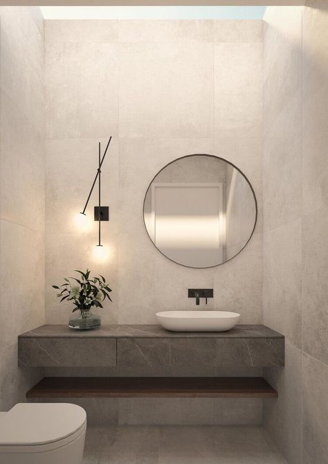 photo creds - unknown - comment or dm for credit ✧ ✧ Concrete Bathroom Sink Ideas, Small Guest Bathroom Ideas Elegant, Luxury Guest Bathroom Ideas Powder Rooms, Dessert Modern House, Guest Bathroom Decor Modern Elegant, Small Powder Room Ideas Elegant Modern, Powder Toilet Design Luxury, Guest Washroom Ideas, Powder Washroom Ideas