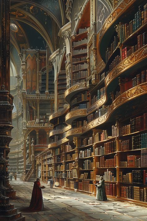 Painted Illustration of Humans in Infinite Library of Gods Endless Library Fantasy Art, Massive Library Fantasy Art, Infinite Library Fantasy Art, Grand Library Concept Art, Fantasy Art Library, Magic Library Concept Art, Ancient Library Fantasy Art, Fantasy Library Concept Art, Fantasy Library Art