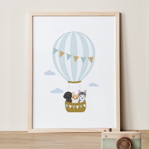 Blue Hot Air Balloon Nursery, Dog And Cat Nursery Theme, Hot Air Balloon With Animals, Animals In Hot Air Balloon Illustration, Dog Nursery Decor, Hot Air Balloon Baby Bedding, Animal Wall Art Prints, Dog Nursery, Puppy Prints