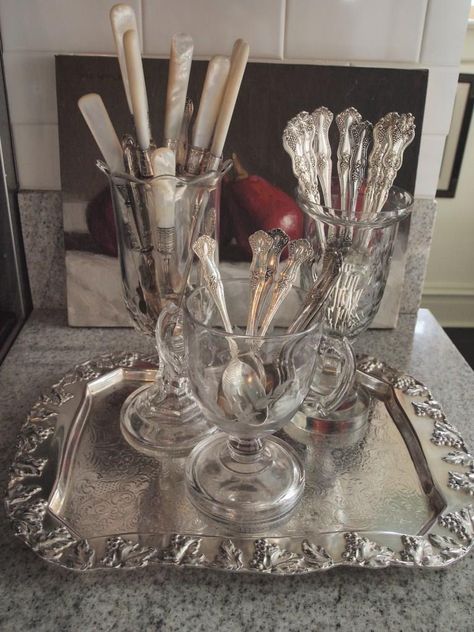 Nell Hills 14 Silverware Display, Silver Utensils, Nell Hills, Staging Decor, Bandeja Bar, Silver Display, Vintage Decorating, Vintage Flatware, Silver Trays