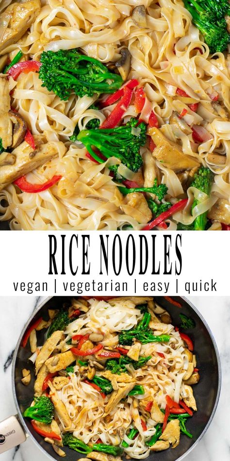 These Rice Noodles are made with colorful vegetables and vegan chicken, and are bursting with flavor. A great stir fry, budget-friendly and better than any take-out. Made in one wok or skillet, my easy Rice Noodles recipe comes together in under 20 minutes. #vegan #dairyfree #vegetarian #dinner #lunch #contentednesscooking #ricenoodles Healthy Rice Noodles, Easy Rice Noodle Recipes, Rice Noodles Recipe, Vegan Casseroles, Stir Fry Noodles Recipe, Rice Noodle Recipes, Vegan Entrees, Vegan Noodles, Vegan Casserole