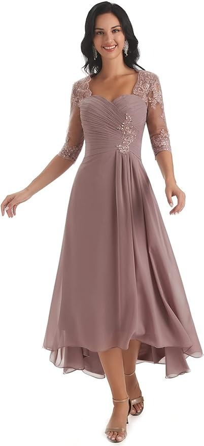 Amazon.com: High Low Mother of The Bride Dresses Tea Length Ruched Chiffon Beaded Mother of The Groom Gown Dusty Rose Size 8 : Clothing, Shoes & Jewelry Evening Gown With Sleeves, Gown With Sleeves, Beaded Evening Gowns, Evening Gowns With Sleeves, Mother Of The Bride Dresses Long, Formal Evening Gown, Mother Of Groom Dresses, Half Sleeve Dresses, Mothers Dresses