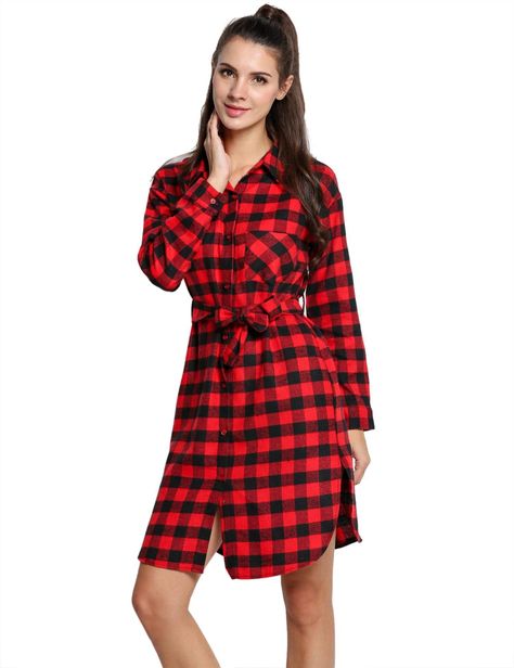 Women's Flannel Plaid Checker Shirts Dress with Belt Elan Dress, Shirt Gown, Red And Black Flannel, Black Flannel, Tunic Shirt Dress, Collared Shirt Dress, Full Dress, Flannel Women, Checkered Shirt