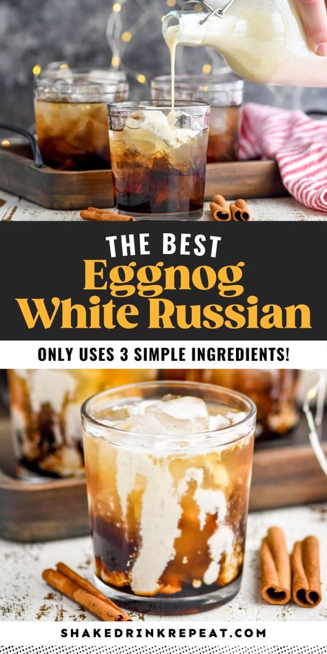 If you love eggnog and coffee liqueur, you have to try our Eggnog White Russian recipe! It's a creamy, spice-filled, sweet coffee-flavored mixed drink that is so smooth to drink, it’s hard not to love this one! Eggnog White Russian Recipe, Bourbon Eggnog White Russian, Eggnog White Russian Cocktails, Egg Nog White Russian Recipe, Eggnog And Rum Drinks, Egg Nog White Russian, Spiced Eggnog Drinks, Eggnog White Russian, Eggnog Cocktails