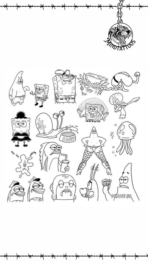 Mini Spongebob Tattoo, Spongebob Character Tattoos, Spongebob Trio Tattoo, Spongebob Stick And Poke, Funny Spongebob Tattoo Ideas, Spongebob Tattoo Black And White, Spongebob And Patrick Tattoo Ideas, Funny Spongebob Tattoo, Spongebob Tattoo Design