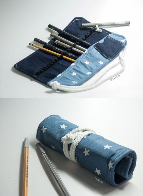 Pen Pouch Diy, Diy Pouches, Diy Pencil Holder, Diy Star, Pencil Roll, Pouch Diy, Blue Cute, Cute Pens, Pen Pouch