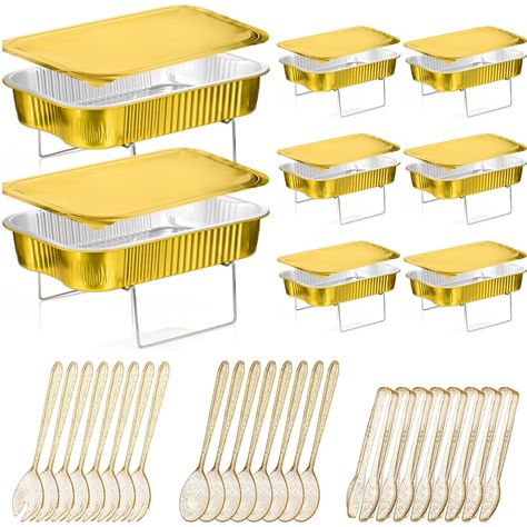 PRICES MAY VARY. Sufficient for Needs: the package comes with 8 sets of disposable chafing dishes buffet sets including 8 racks, 8 aluminum catering pans with lids, 8 plastic tongs, 8 spoons and 8 forks, offering enough quantity to meet your party or business use requirements; Please note that fuel is not included Suitable Size: the wire racks are about 9 x 6.3 x 3 inches/ 23 x 16 x 7.5 cm and the food warming pans are about 13 x 8.9 x 2.4 inches/ 33 x 22.5 x 6 cm, which can be easily applied wi Pretty Buffet Tables Food Displays, Food Table Set Up, Taco Bar Buffet Set Up, Wedding Buffet Table Setup, Wedding Reception Food Buffet, Buffet Tablescapes, Wedding Buffet Table, Food Table Decorations, Appetizer Table