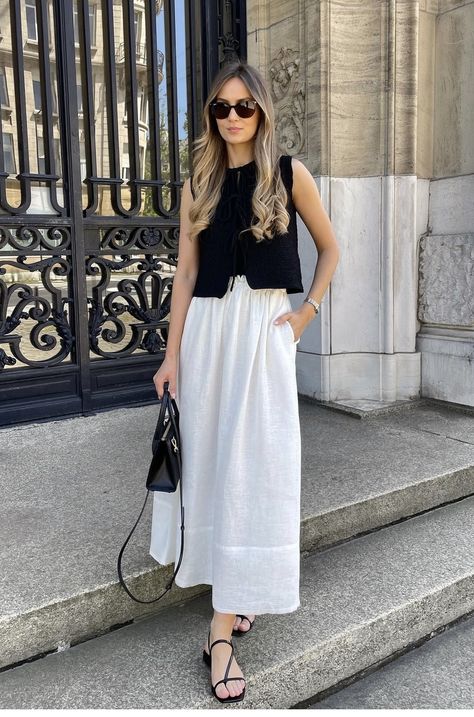 Formal Work Outfits Women Summer, Gentle Woman Bag Outfit, Linen Skirt Fall Outfit, Light Skirt Outfits, Linen White Skirt Outfit, Blue Linen Skirt Outfit, White Linen Maxi Skirt Outfit, White A Line Skirt Outfit, Black Skirt Long Outfit