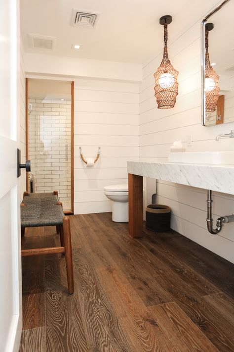 Hardwood Tile Floor Bathroom, Small Bathroom Dark Wood Floor, Half Bathroom Ideas Wood Floor, Hardwood In Bathroom, Dark Wood Floor Bathroom Ideas, Bathrooms With Hardwood Floors, Bathroom With Wood Flooring, Hardwood Floor In Bathroom, Bathroom With Dark Wood Floors