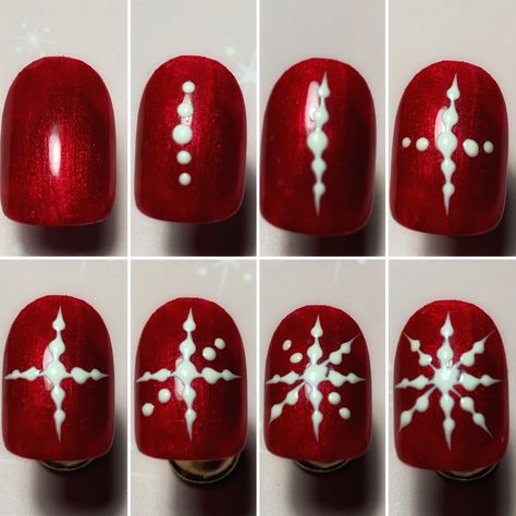 Step By Step Snowflake Nail Art, Snowflake Nails Step By Step, Snow Flake Nail Art Step By Step, Christmas Nails Diy Step By Step, How To Draw A Snowflake On Nails, Diy Christmas Nails Easy Step By Step, Nail Snowflake Design, Nail Art Step By Step Easy, Christmas Nails Step By Step