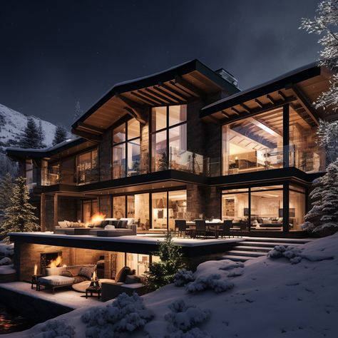 A luxurious mountainside chalet in Aspen, Colorado, framed by towering evergreens and pristine snow, with large glass windows revealing a warm interior, an outdoor hot tub, and the breathtaking peaks lit by the soft glow of the moon. AI generated. Luxury Snow Cabin, Modern Ski Lodge Exterior, Aspen House Exterior, Aspen House Interiors, Modern Winter Cabin Exterior, Winter Modern Mansion, Bloxburg Glass House, Mountain Lake Cabin, Modern Cabin Mansion