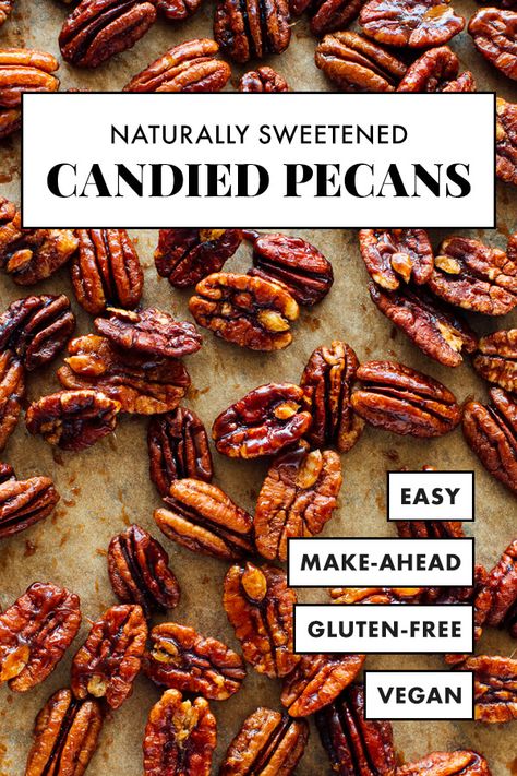 The BEST candied pecans are also naturally sweetened! Toss raw pecan halves in maple syrup and bake—it's easy! Find delicious variations on classic candied pecans in the post, too. #candiedpecans #maplesyrup #naturallysweetened #pecanrecipe #cookieandkate Best Candied Pecans, Candied Pecans Easy, Pumpkin Spice Pecans, Candied Pecans Recipe, Maple Syrup Recipes, Sugared Pecans, Spiced Pecans, Nut Recipes, Pecan Recipes