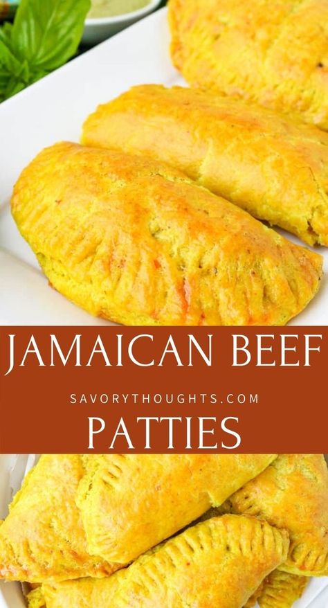 Flaky Jamaican beef patty that’s prepared with a delicious pastry then is filled with well-seasoned ground beef #beef #beefpatty #jamaicanpatty #dinner #savorythoughts @Msavorythoughts | savorythoughts.com Jamaican Patties, Jamaican Beef Patties, Jamaican Patty, Vegan Thanksgiving Dinner, Jamaican Jerk Seasoning, Jamaican Dishes, Beef Patties, Haitian Food Recipes, Patties Recipe