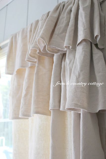 FRENCH COUNTRY COTTAGE: Double Ruffle Drop Cloth Panels (add burlap/lace ribbon) Skirt Diy, Window Treatments Bedroom, French Country Bedrooms, No Sew Curtains, French Country Kitchens, Drop Cloth Curtains, French Country Design, The Curtains, Farmhouse Curtains