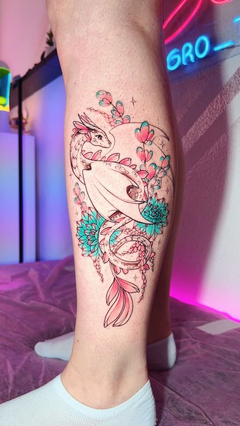 Sweet Dragon Tattoo, Watercolor Hip Tattoo, Sakura Dragon Tattoo, Crystal Dragon Tattoo, Kawaii Dragon Tattoo, Watercolour Dragon Tattoo, Feminine Dinosaur Tattoo, Cute Colourful Tattoos, Girly Dragon Tattoo