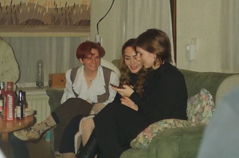 3 people sit on a couch together, taken on film Guy Sitting On Couch Reference, People Sitting On Couch Reference, People Hanging Out, Friends Sitting On Couch, People Sitting On Couch, Sitting On Couch Reference, Couch Reference, People Sitting Together, Friends Sitting Together