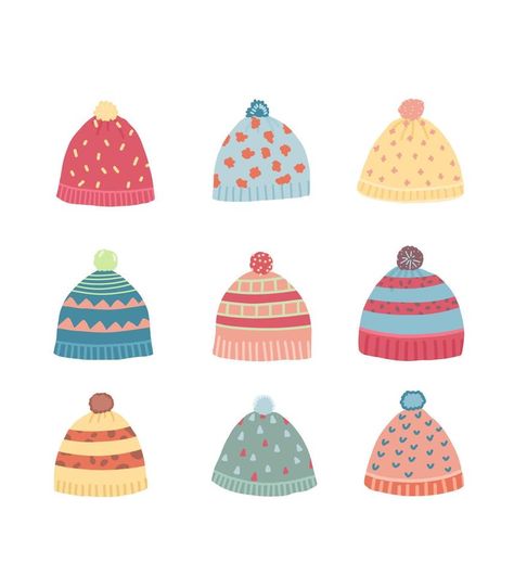 Cute vector winter hats. Multicolored knitted hats. Hat Designs Drawings, Winter Hat Illustration, Winter Hat Drawing, Hat Illustration, Hats Knitted, Cute Vector, Kids Winter Hats, Wooly Hats, Illustration Ideas