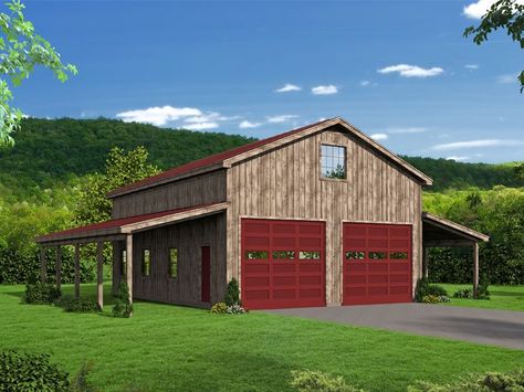 062B-0001: Barn Plan with Loft Outbuilding Ideas, Guesthouse Ideas, Island Farmhouse, Barn Plan, Garage Loft, Tandem Garage, Storage Garage, Rv Garage, Barn Shop