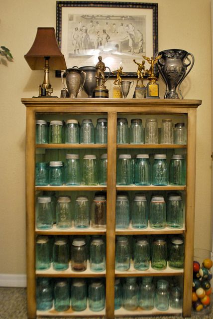 Cool idea for storing all those mason jars!  It would work great for displaying finished jars as well... Easy Entrees, Jar Display, Vintage Mason Jars, Blue Mason Jars, Ball Mason Jars, Vintage Jars, Ball Jars, Antique Bottles, Old Bottles