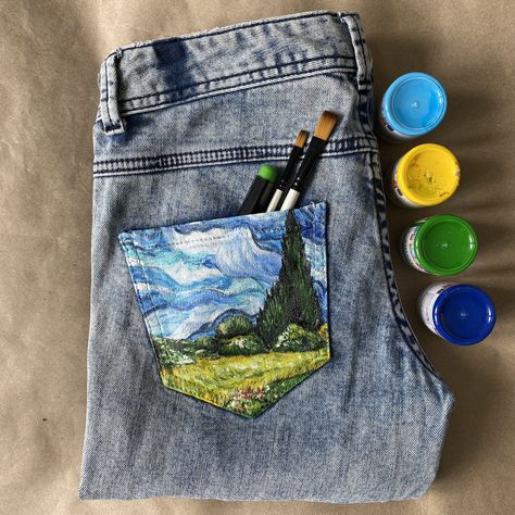 Cypresses Van Gogh, Wheat Field With Cypresses, Hand Painted Denim, Wheat Field, Painted Jeans, Van Gogh Paintings, Wheat Fields, Jean Pockets, Denim Pocket