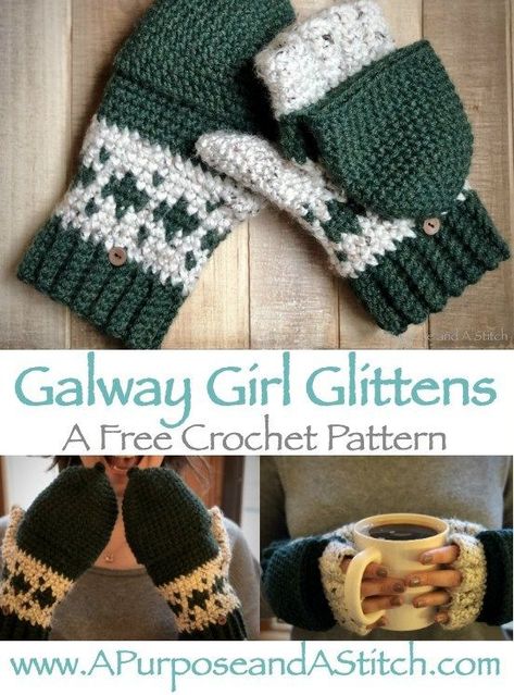 Galway Glittens – Free Pattern - mittens    A Purpose and A Stitch #crochet #crochetpattern Crochet Mitts, Galway Girl, Crochet Mittens Pattern, Mochila Crochet, Crochet Gloves Pattern, Confection Au Crochet, Gloves Pattern, Knit Gloves, Beginner Sewing